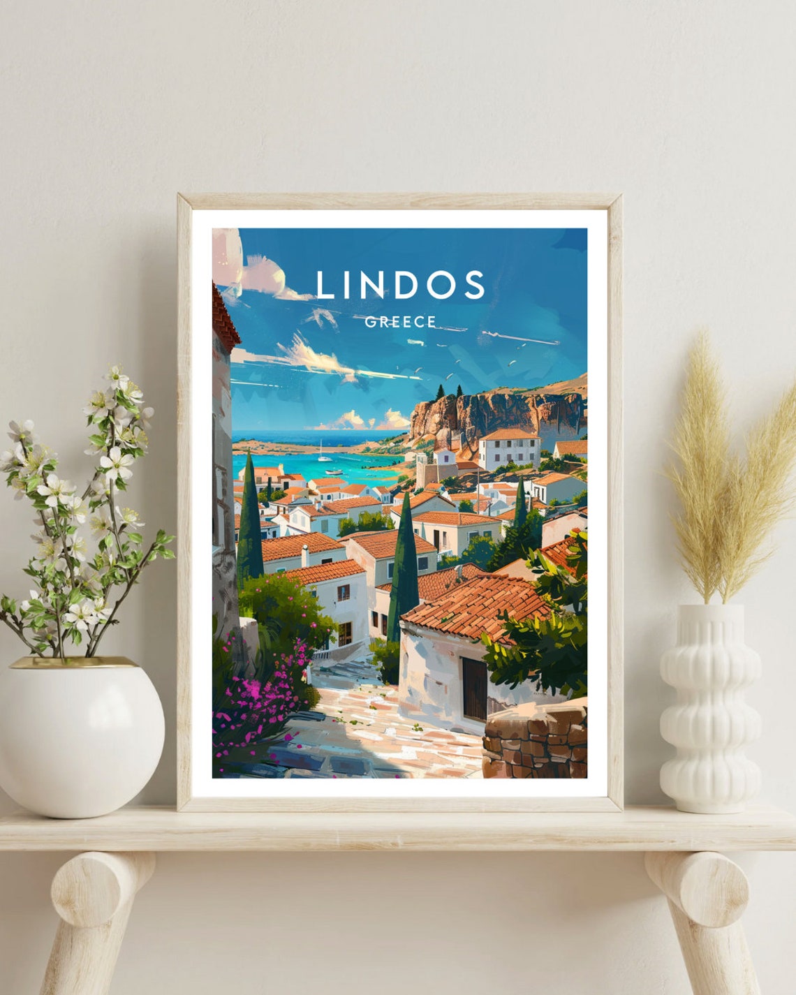 Lindos Greece Acropolis Cliff White Village Bay Travel Poster - Image 4