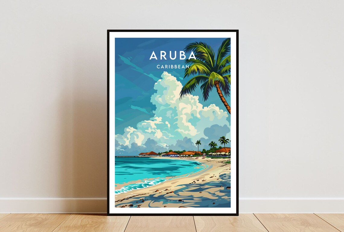 Aruba Caribbean Palm Tree Tropical Beach Vintage Travel Poster