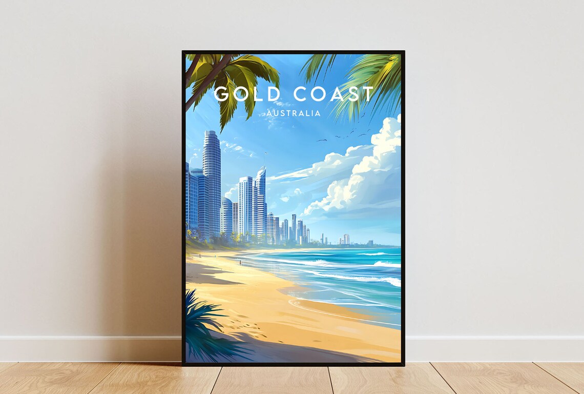 Gold Coast Australia Sunny Beach High-Rise Vintage Travel Poster