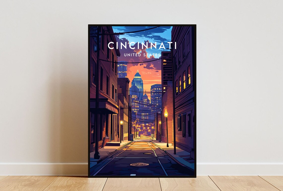 Cincinnati Ohio Night City Skyline Street Lights Alley Travel Poster