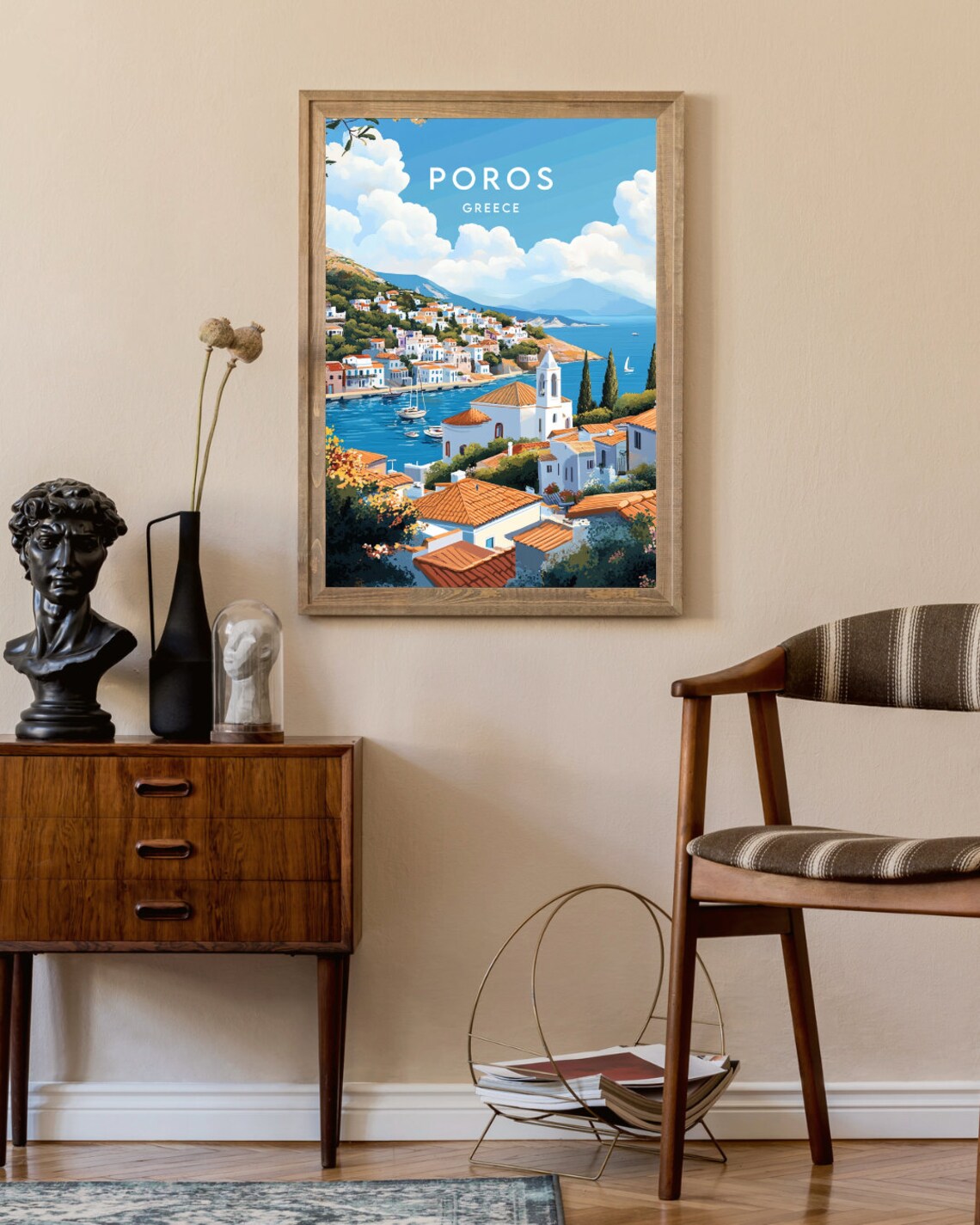 Poros Greece Island Bay White Houses Sunny Travel Art Poster - Image 2