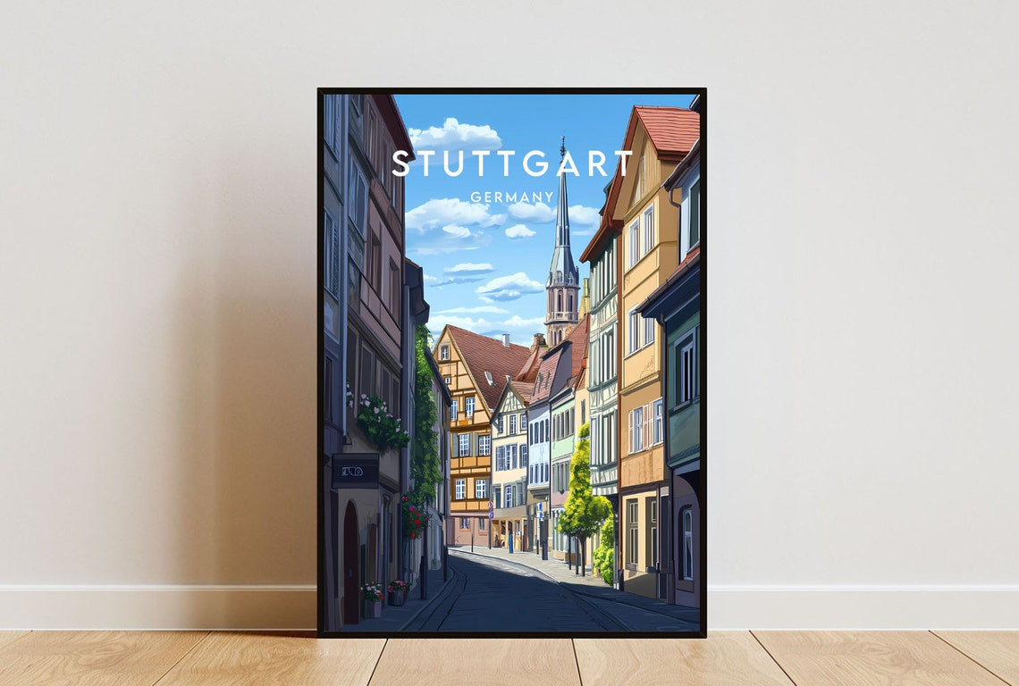 Stuttgart Germany Old Town Street Church Spire Travel Poster
