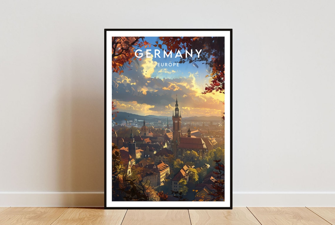 Germany Europe Old Town Sunset Church Towers Autumn Travel Poster