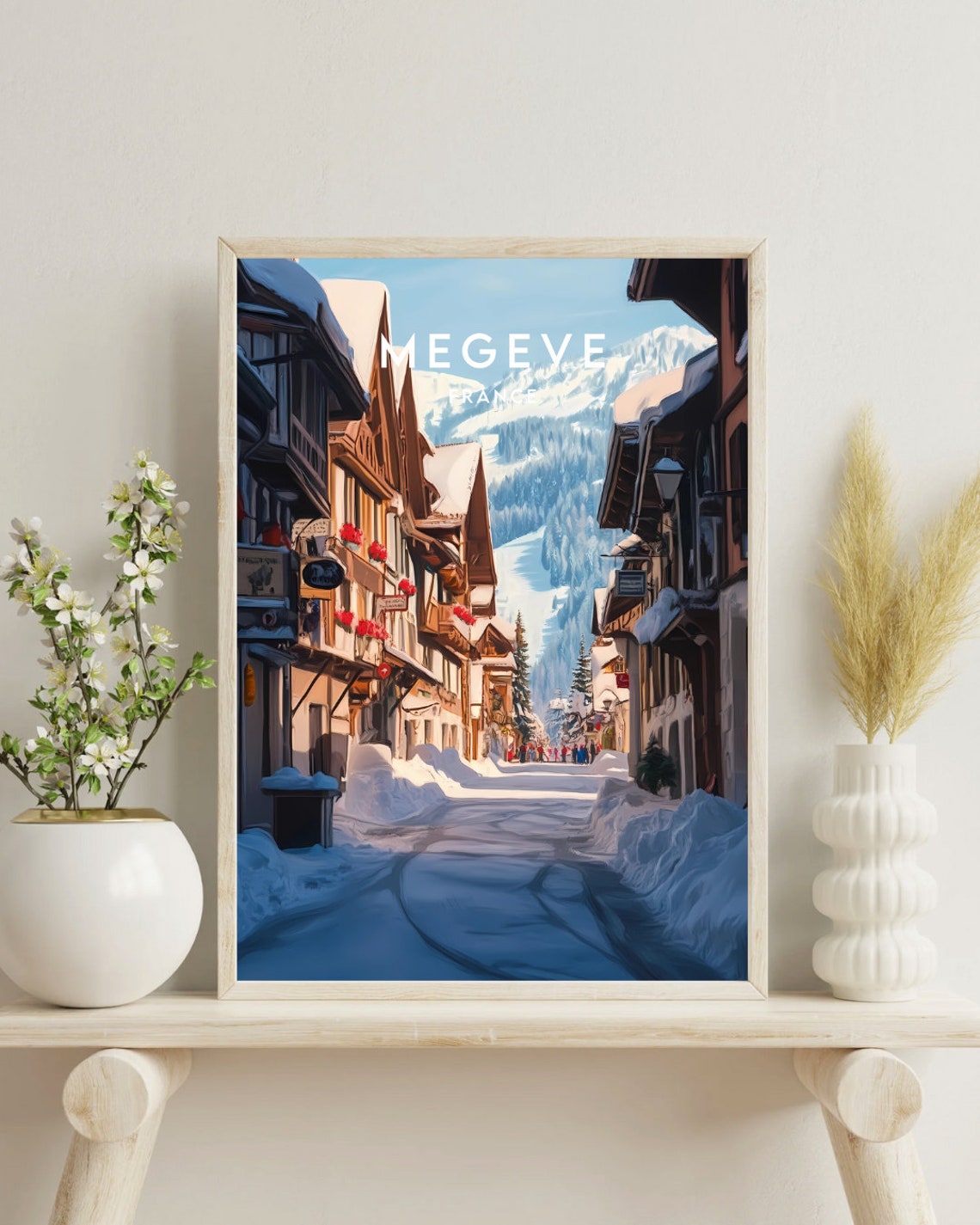 Megeve France Snowy Old Town Street Flower Boxes Travel Poster - Image 4