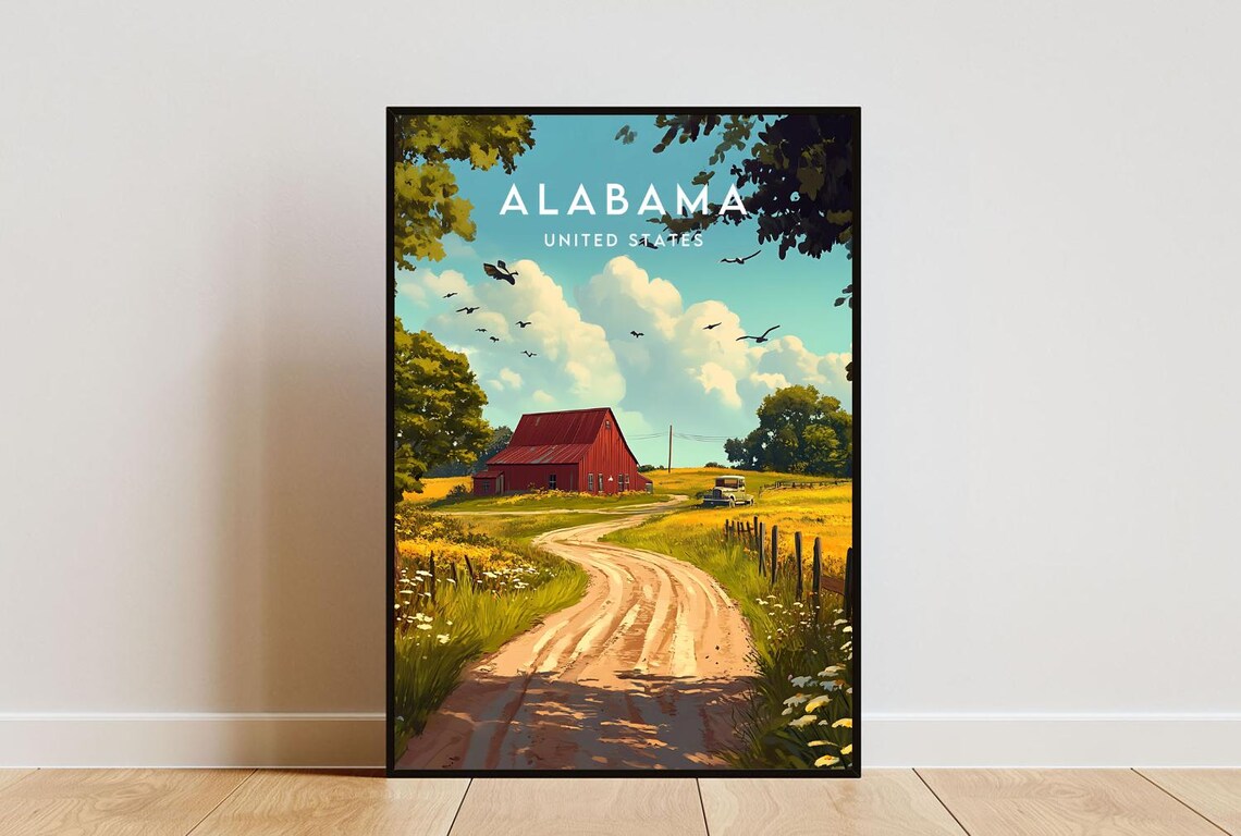 Alabama United States Red Barn Country Road Vintage Travel Poster