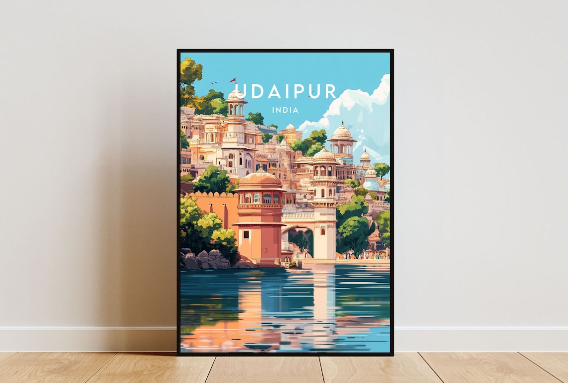 Udaipur India Lake Palace Domes Reflective Water Royal Travel Poster