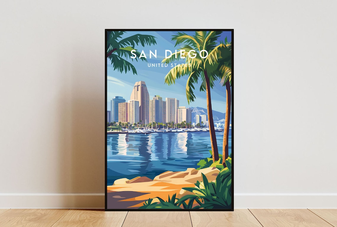 San Diego California USA Palm Beach Sunset Vintage Travel Poster