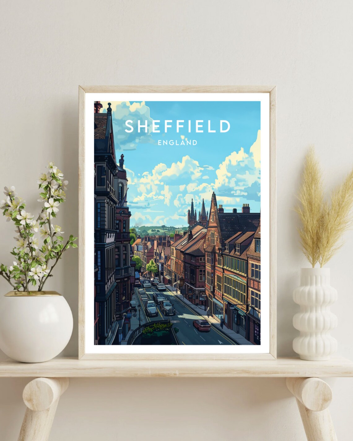 Sheffield England Historic City Street Scene Church Spires Poster - Image 4