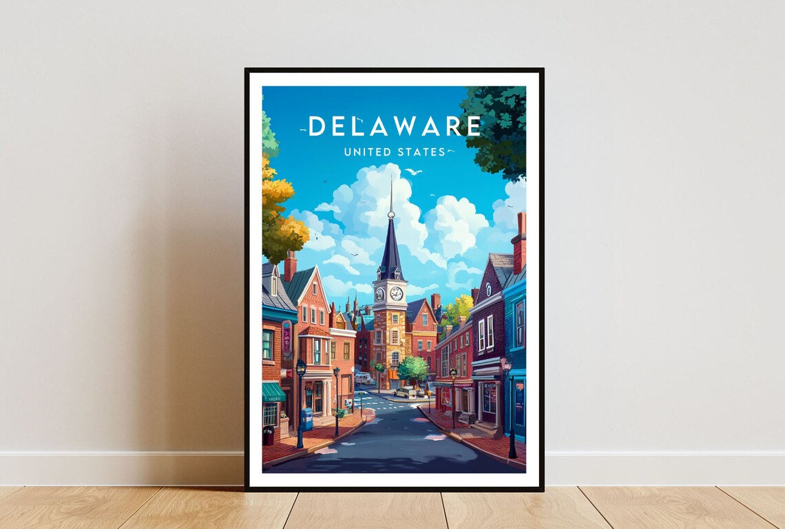 Delaware Historic Town Street Church Steeple Vintage Travel Poster