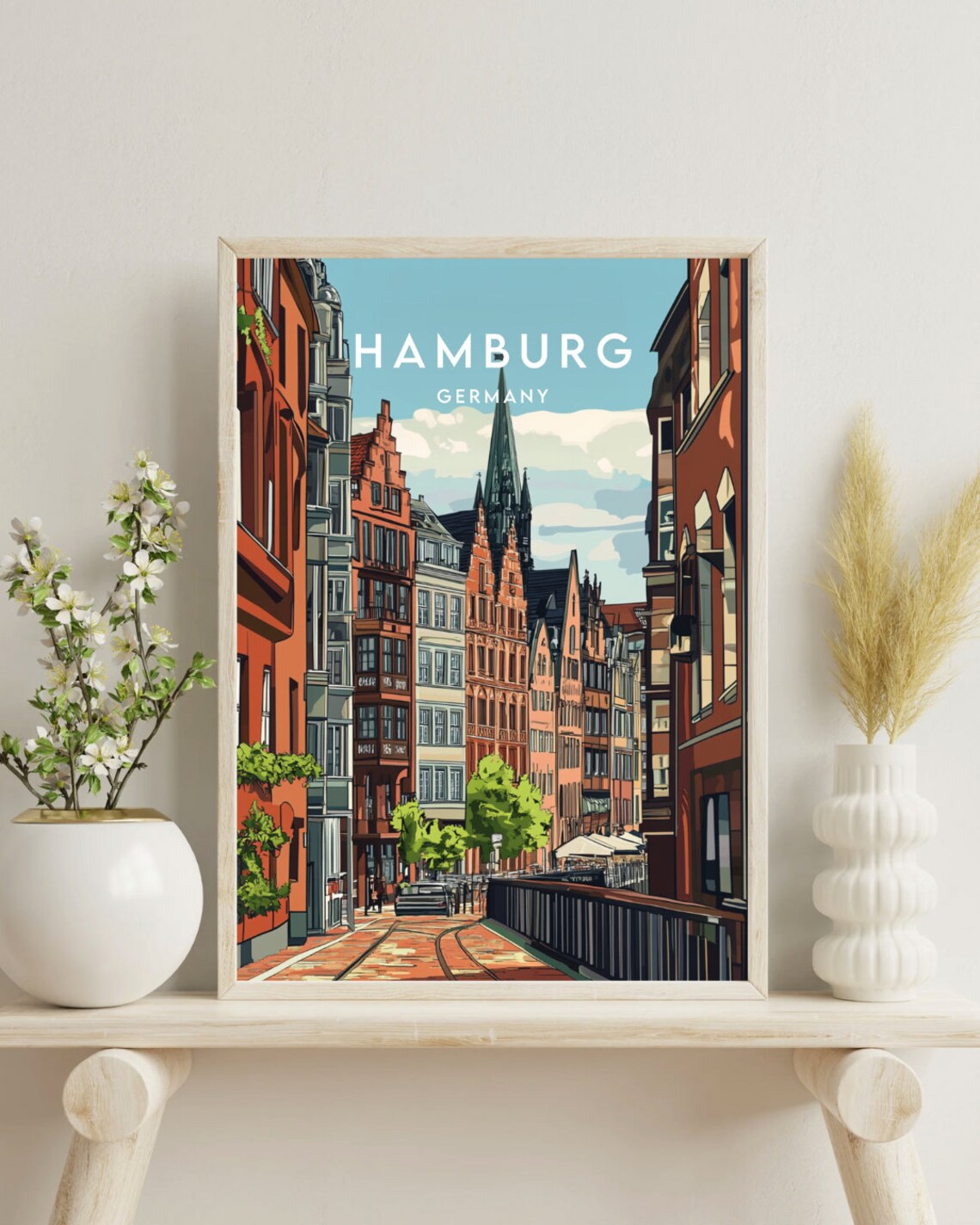 Hamburg Germany Historic Canal Street Church Spire Vintage Poster - Image 4