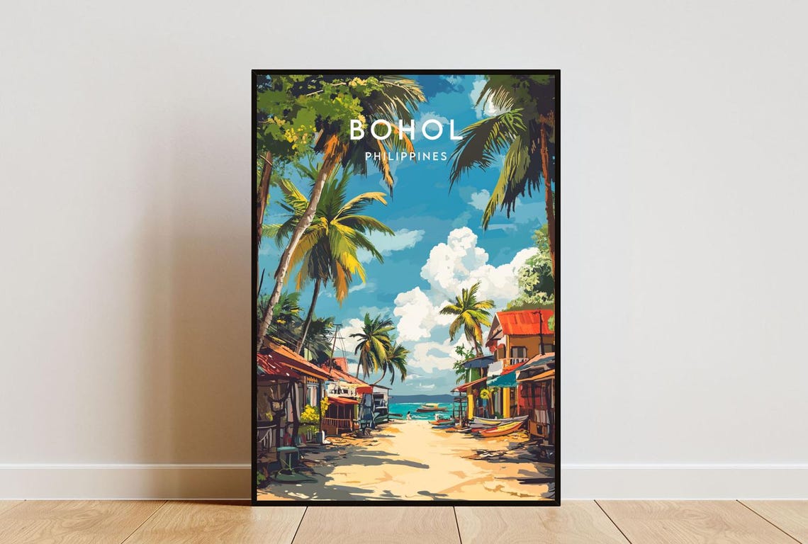 Bohol Philippines Palm Lined Beach Street Village Travel Poster