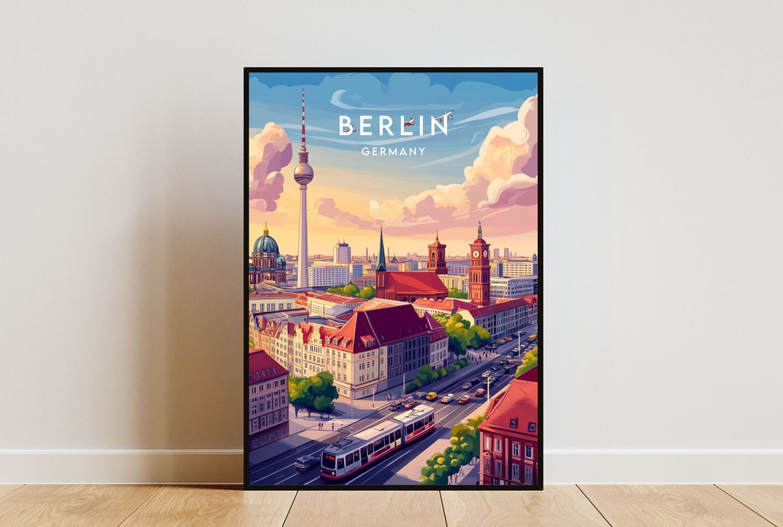 Berlin TV Tower Cathedral Tram Skyline Germany Travel Poster