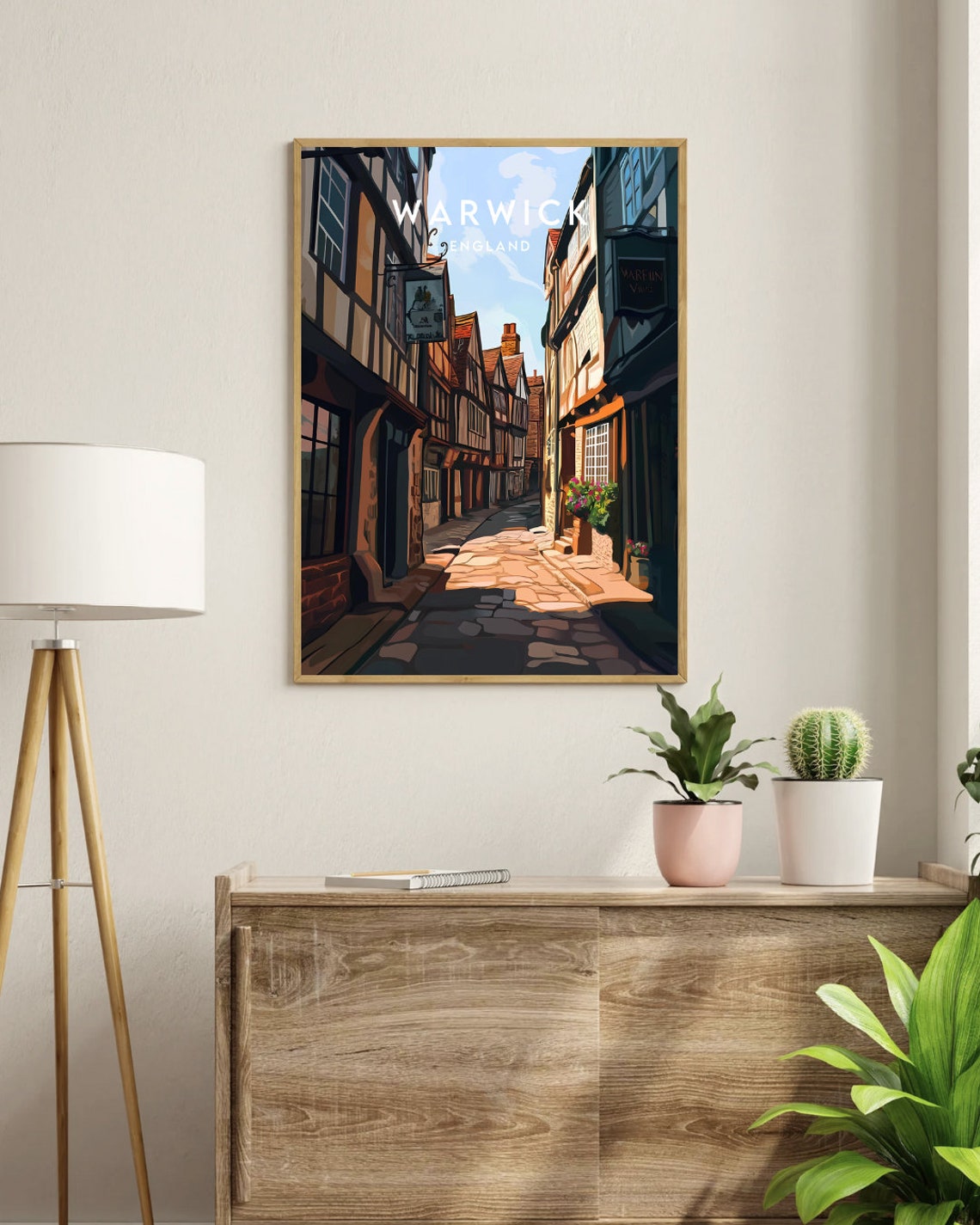 Warwick England Timber Framed Street Vintage Travel Art Poster - Image 3