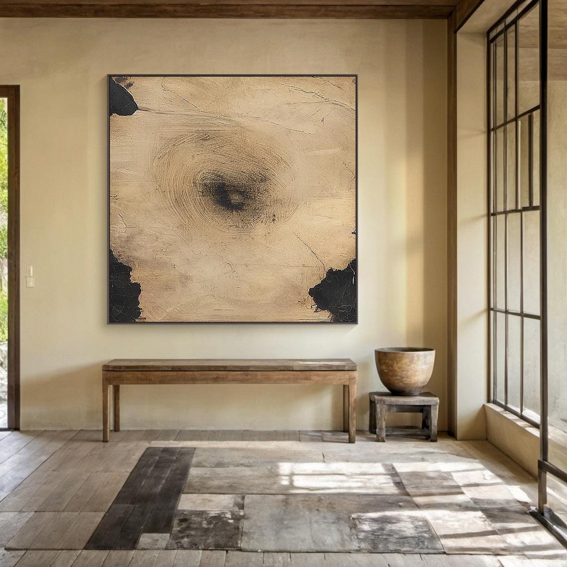 Tan Brown Abstract Painting Circular Brushwork Black Modern Wall Art - Image 5