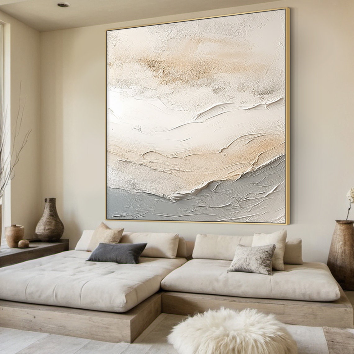White Beige Grey Textured Impasto Abstract Ocean Wave Layers Wall Art - Image 3