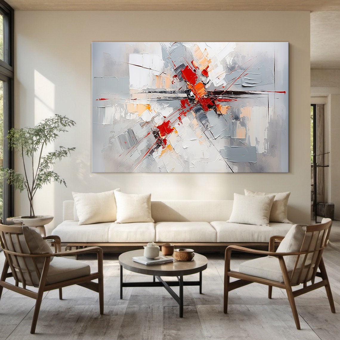 Grey White Red Abstract Burst Horizontal Panoramic Oil Painting Poster - Image 2