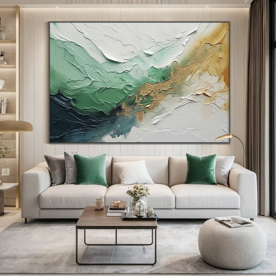 Emerald Green White Gold Wave Texture Abstract Ocean Painting Wall Art - Image 3