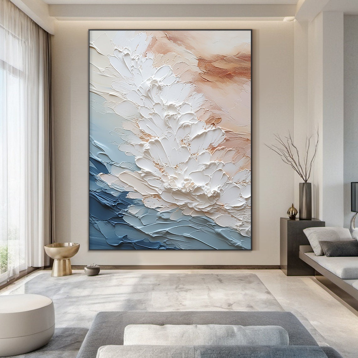 White Blossom Over Blue Ocean Abstract Texture Oil Painting Poster - Image 3