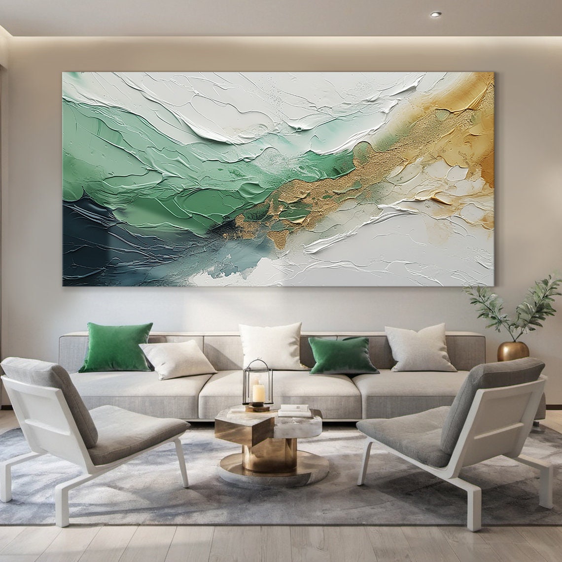 Emerald Green White Gold Wave Texture Abstract Ocean Painting Wall Art