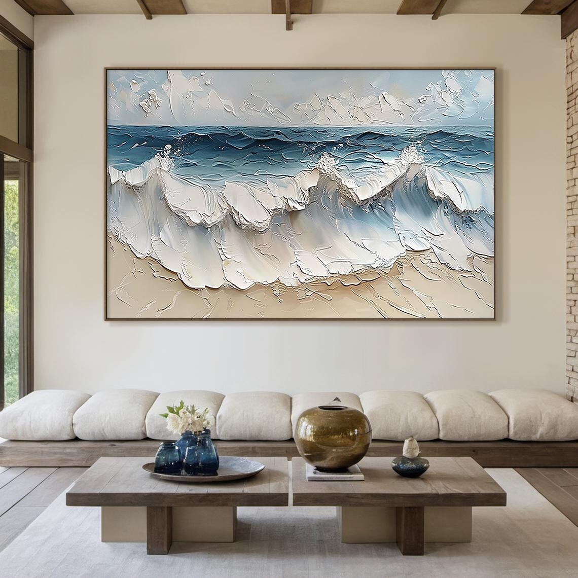 White Blue Sea Foam Wave Rolling Sandy Beach Textured Art Poster - Image 4