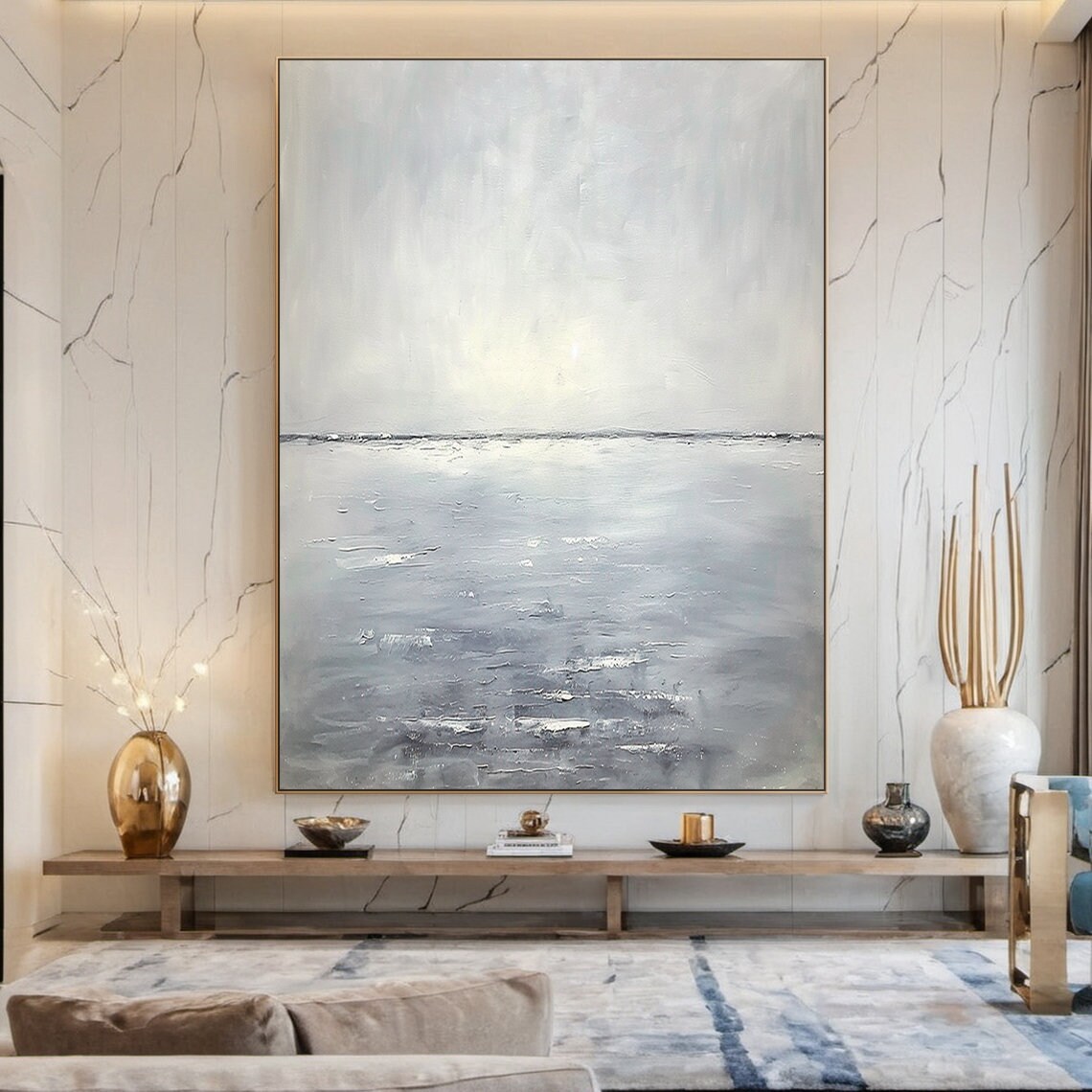 Grey Foggy Ocean Horizon Wide Seascape Minimalist Modern Poster - Image 3