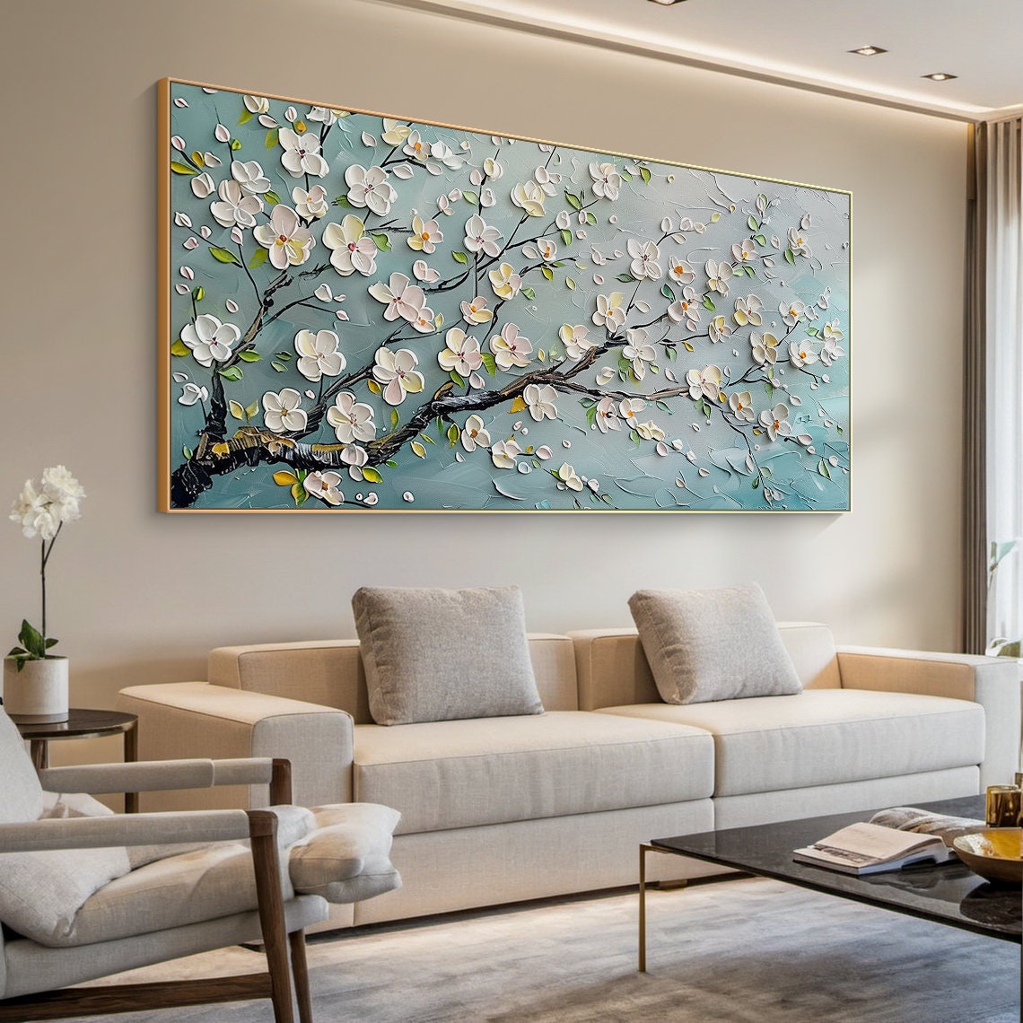 White Blossom Tree Panoramic Oil Painting Blue Grey Background Poster - Image 4