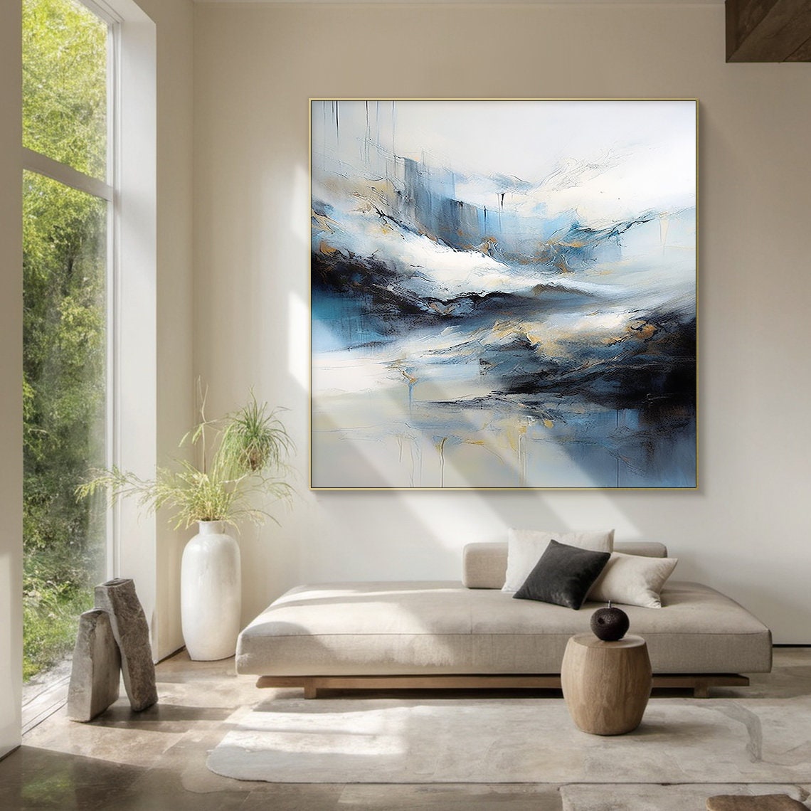 White Blue Gold Abstract Ocean Mist Soft Textured Seascape Poster - Image 2