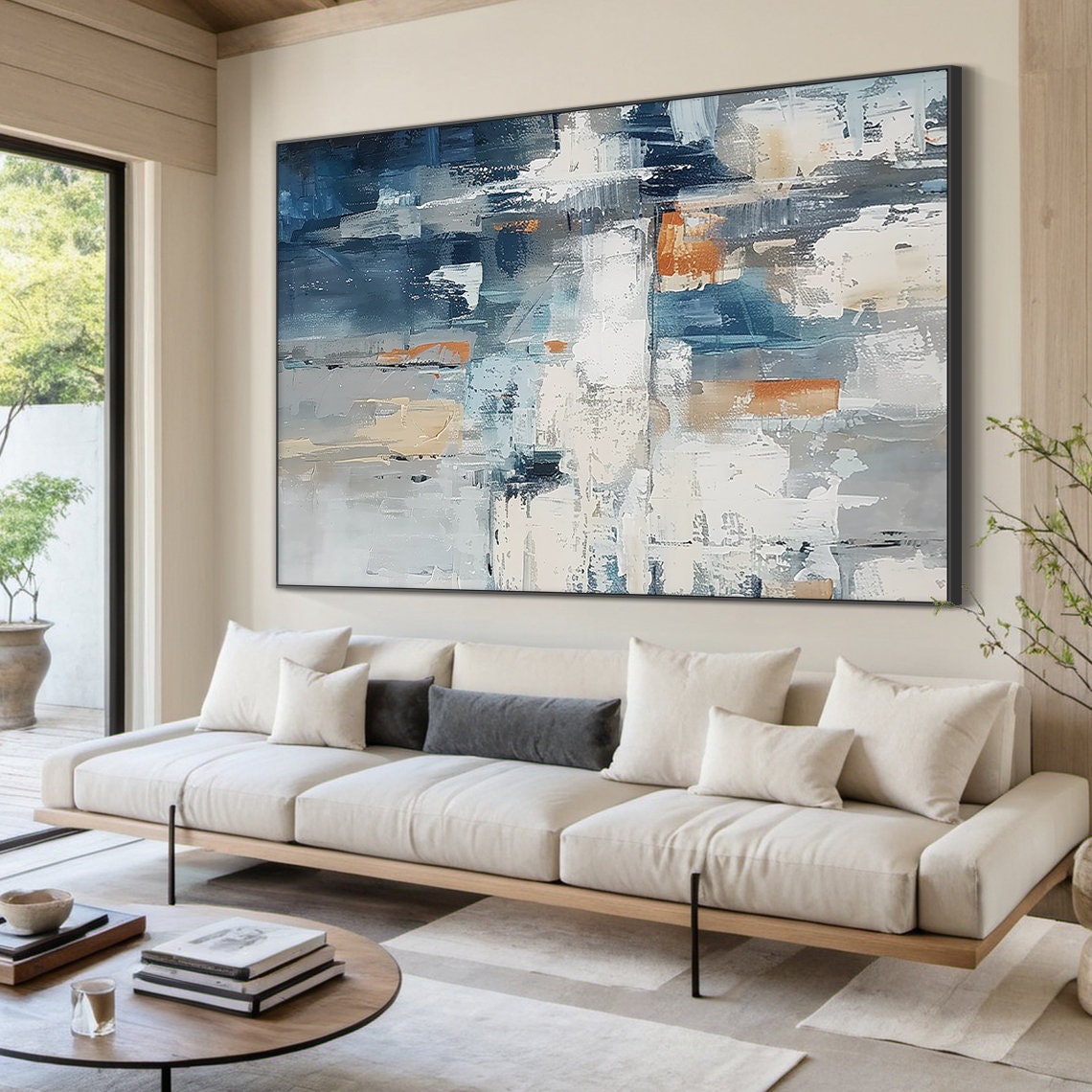 Blue Grey Abstract With Terracotta Blocks Textured Modern Poster - Image 2