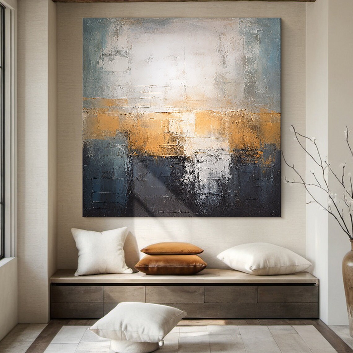 Gold Blue White Abstract Oil Painting Sunset Glow Vertical Wall Poster - Image 4