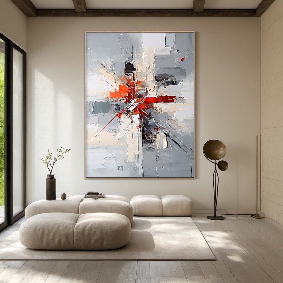 Grey White Red Abstract Burst Oil Painting Square Modern Wall Poster - Image 4
