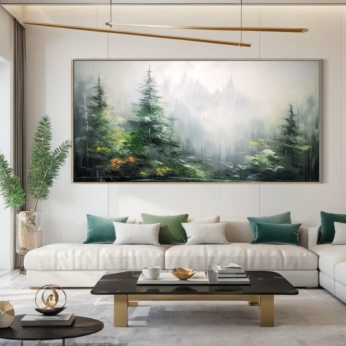 Misty Green Pine Forest Oil Painting Foggy Woodland Panoramic Poster - Image 4