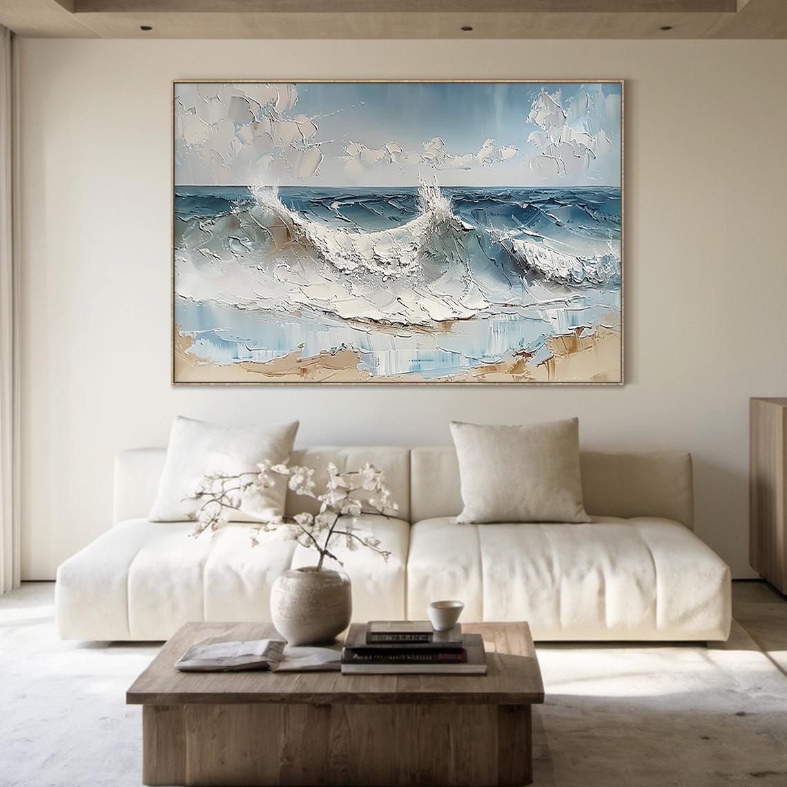 Blue Sea Wave Crash Textured Painting Beach Foam Wall Art Poster - Image 2