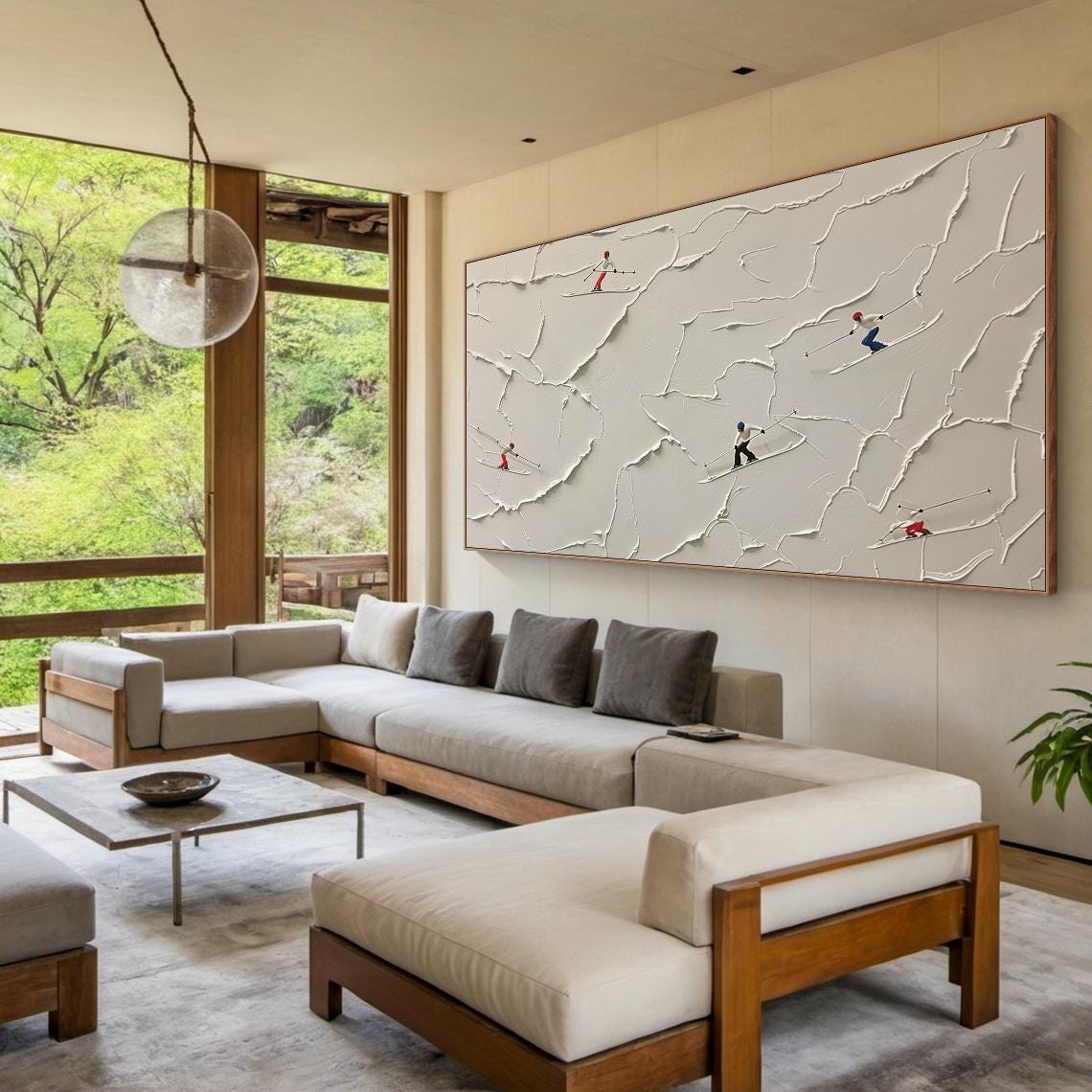 3d Beige Snow Field Ski Hand Drawing Original Skier Gift Beige Abstract Ski Art Modern Living Room Wall Decor - Image 4