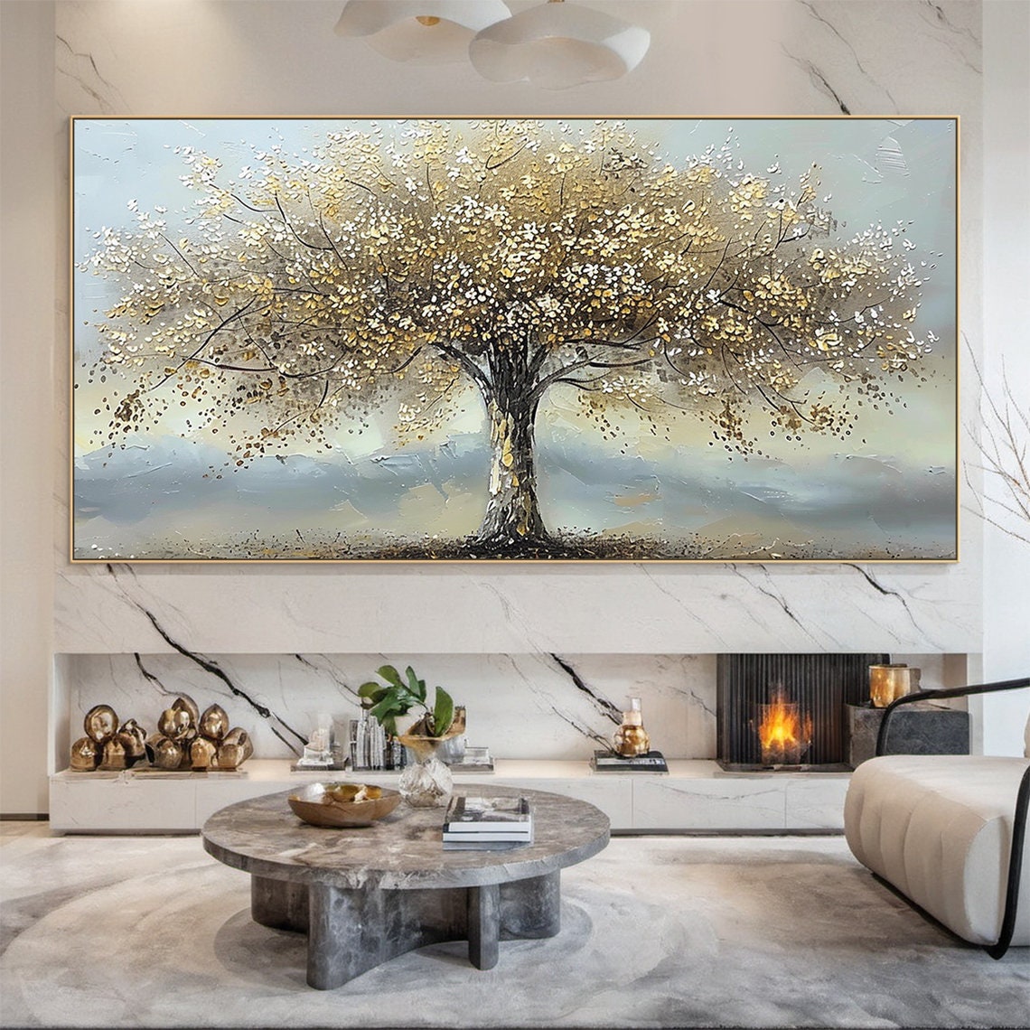 Golden Tree Of Life Blossom On Grey Blue Textured Canvas Poster - Image 3