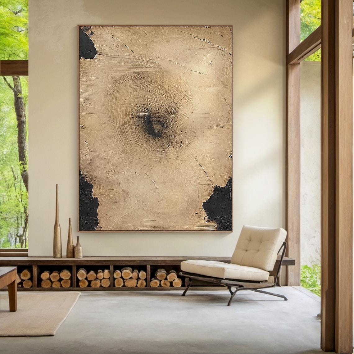 Tan Brown Abstract Painting Circular Brushwork Black Modern Wall Art - Image 3