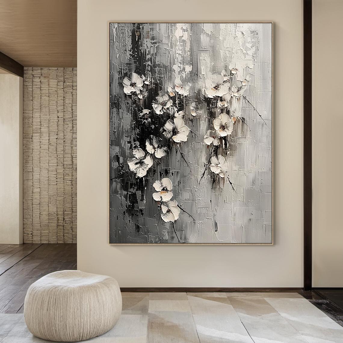 White Blossom Floral Abstract Painting Black Textured Wall Art Poster - Image 6
