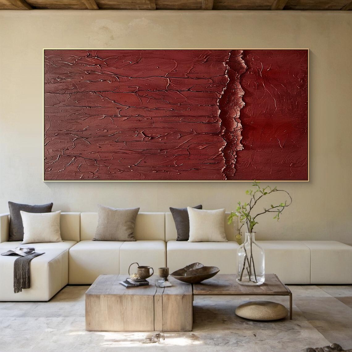 Wine Red Cracked Texture Abstract Impasto Moody Large Living Room Poster - Image 4