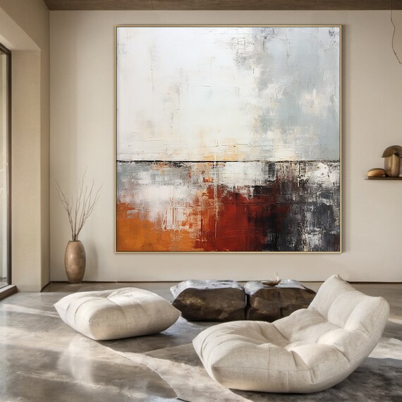 White And Grey Wabi Sabi Wall Decor Art White Abstract Art Large Burgundy Textured Handmade Painting Modern Stylish Wall Decor