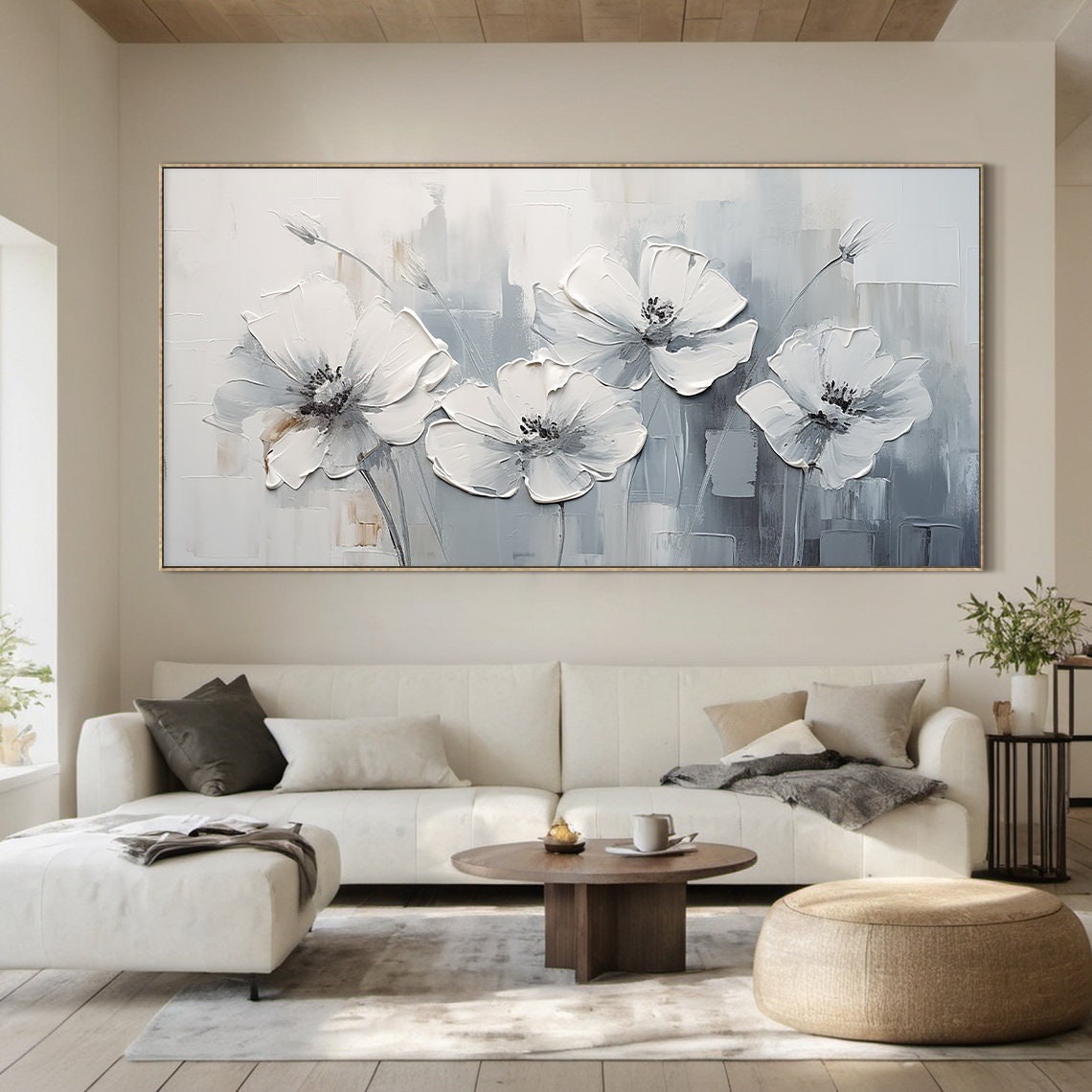 White Grey Floral Oil Painting Four Blossoms Panoramic Texture Poster - Image 3