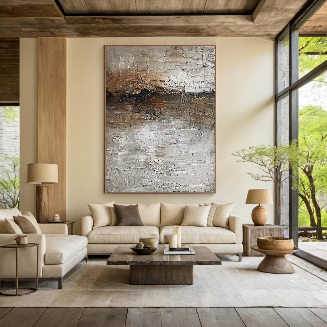 Brown Grey Abstract Painting Horizontal Texture Modern Wall Art Poster - Image 2