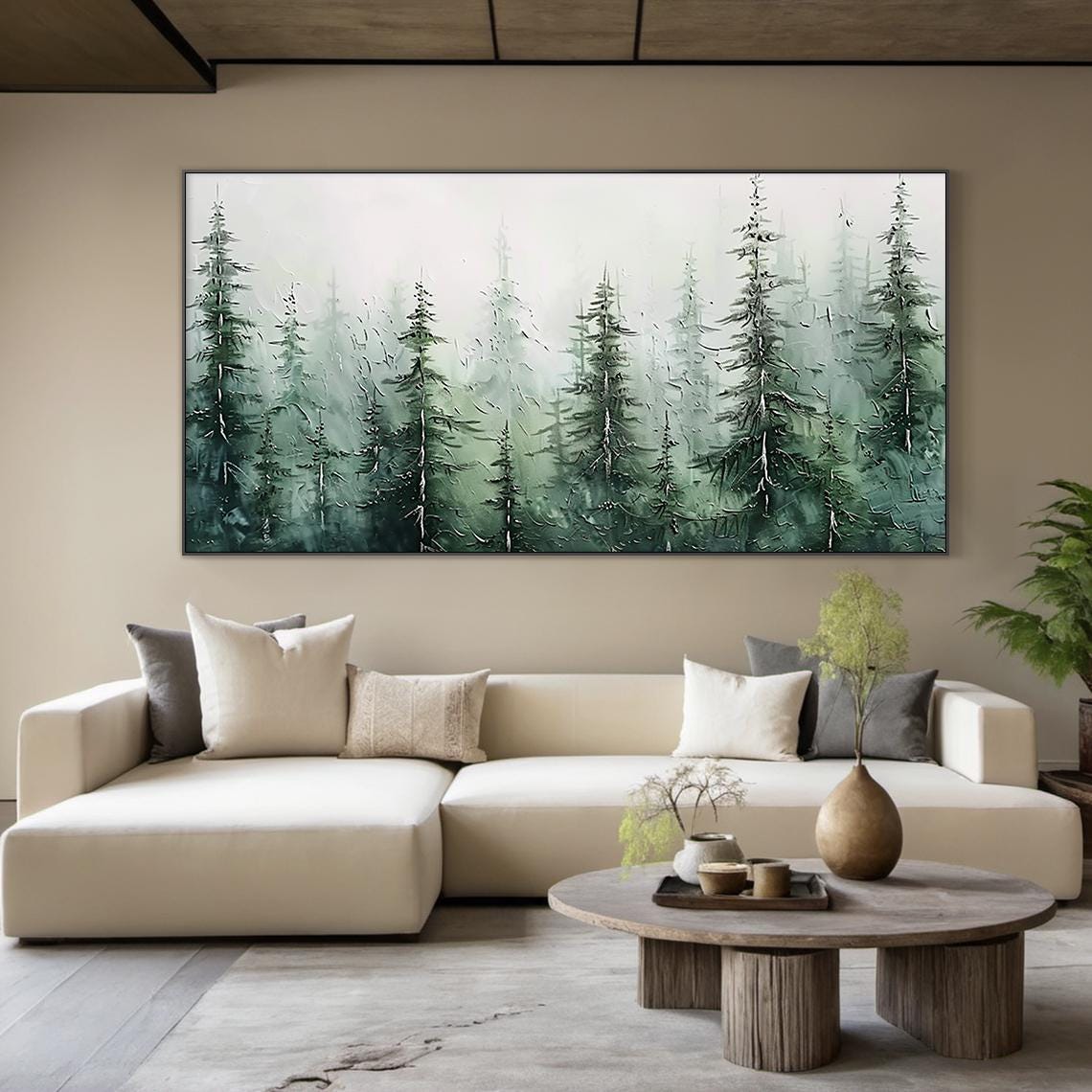 Misty Green Pine Forest Soft Watercolor Dreamy Nature Wall Art