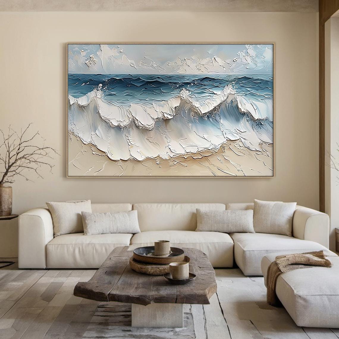 White Blue Sea Foam Wave Rolling Sandy Beach Textured Art Poster - Image 3