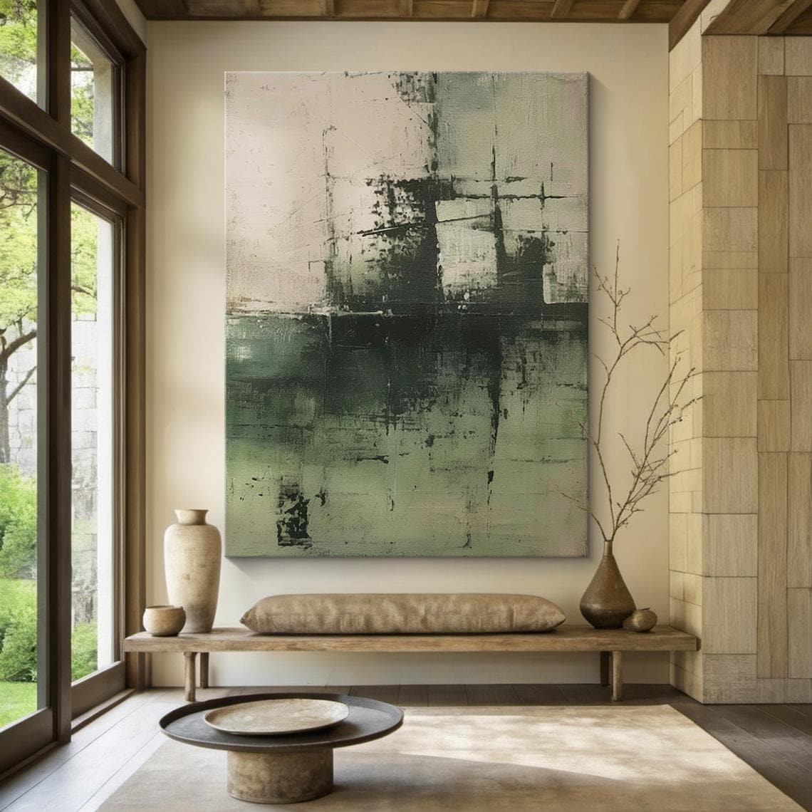 Dark Green Beige Abstract Painting Textured Blocks Modern Wall Art - Image 2