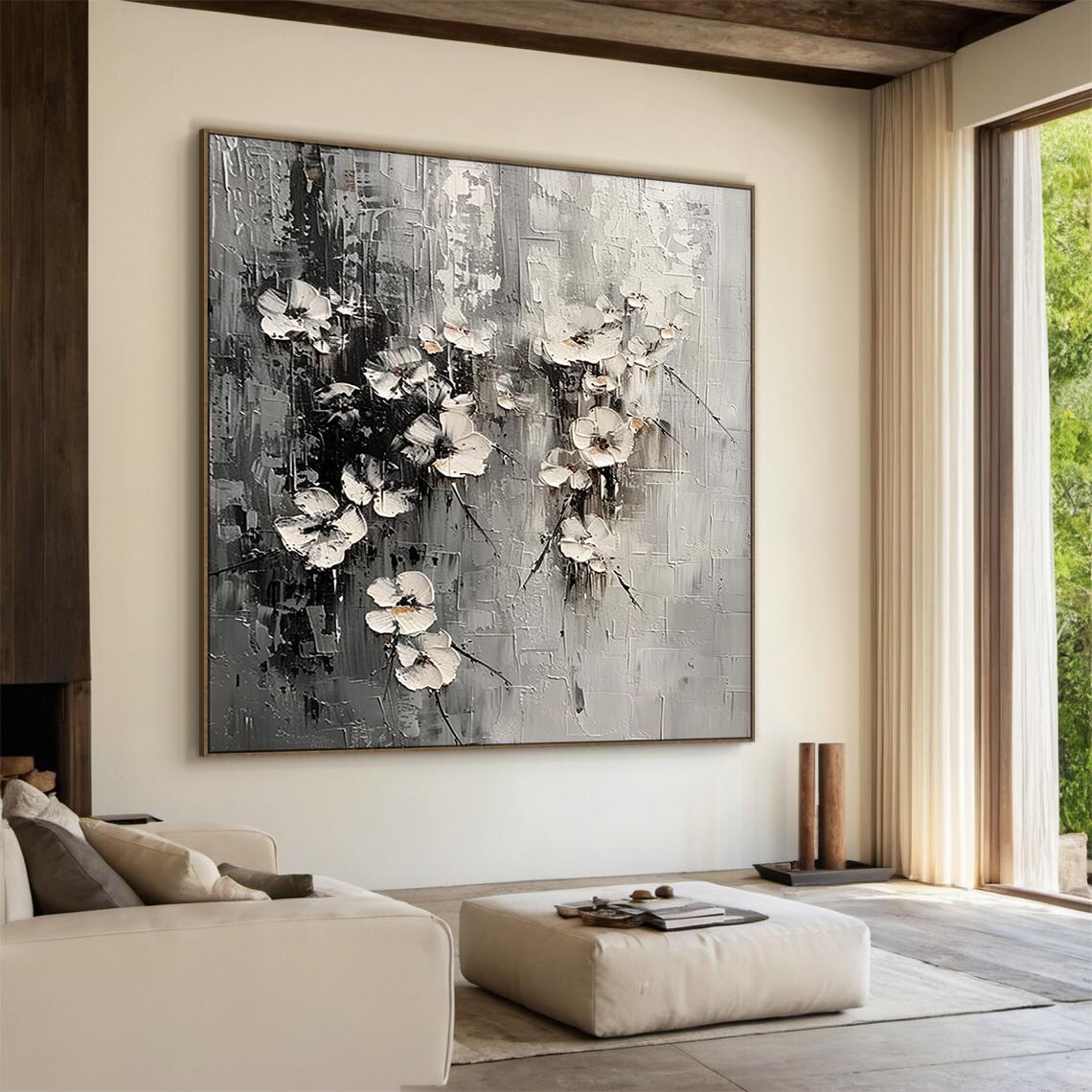 White Blossom Floral Abstract Painting Black Textured Wall Art Poster - Image 2