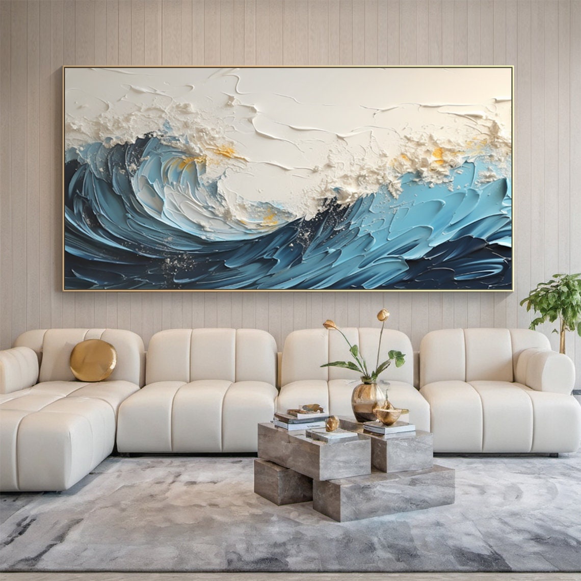 Blue Ocean Wave Impasto Texture Abstract Seascape Canvas Poster - Image 5