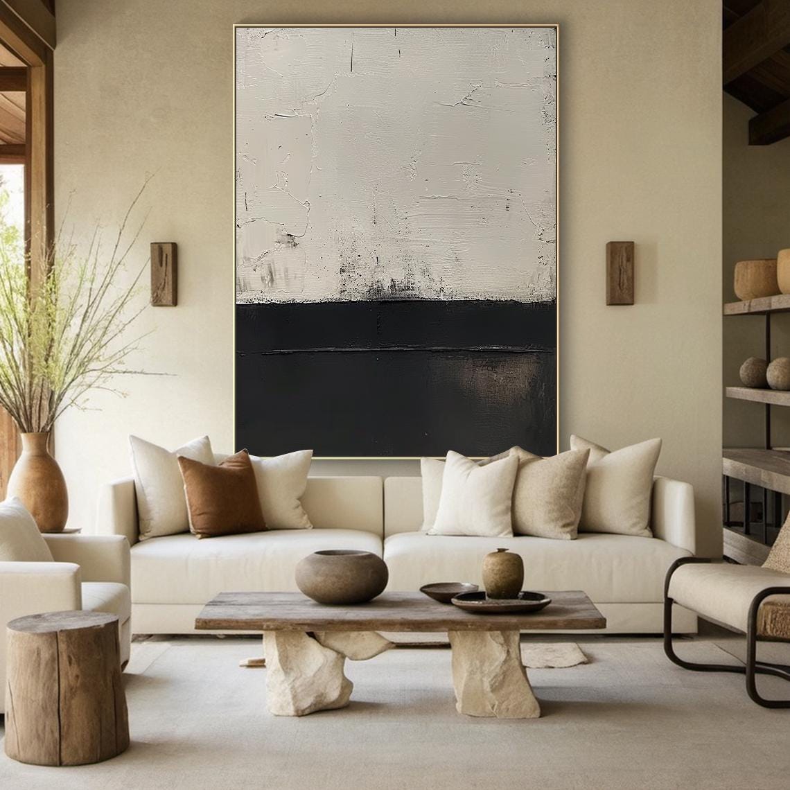 Black White Abstract Landscape Painting Textured Split Modern Wall Art - Image 3