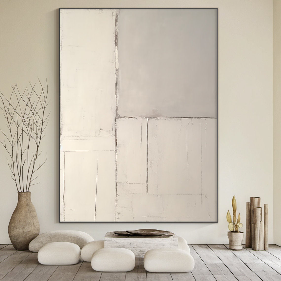 Warm Beige Minimalist Plaster Abstract Subtle Grid Lines Calm Wall Art - Image 6