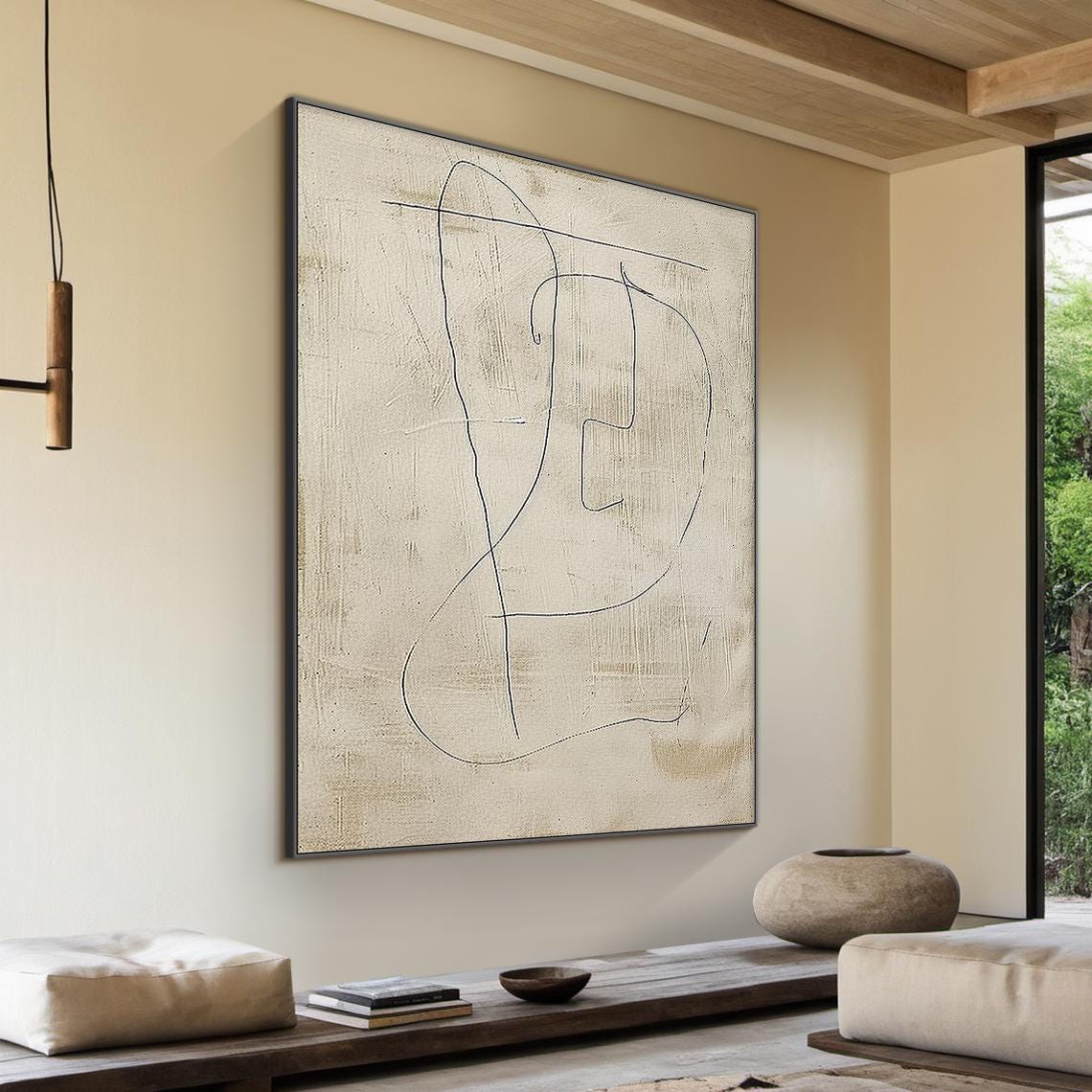 Beige Minimalist Abstract Line Art Textured Canvas Contemporary Poster - Image 3