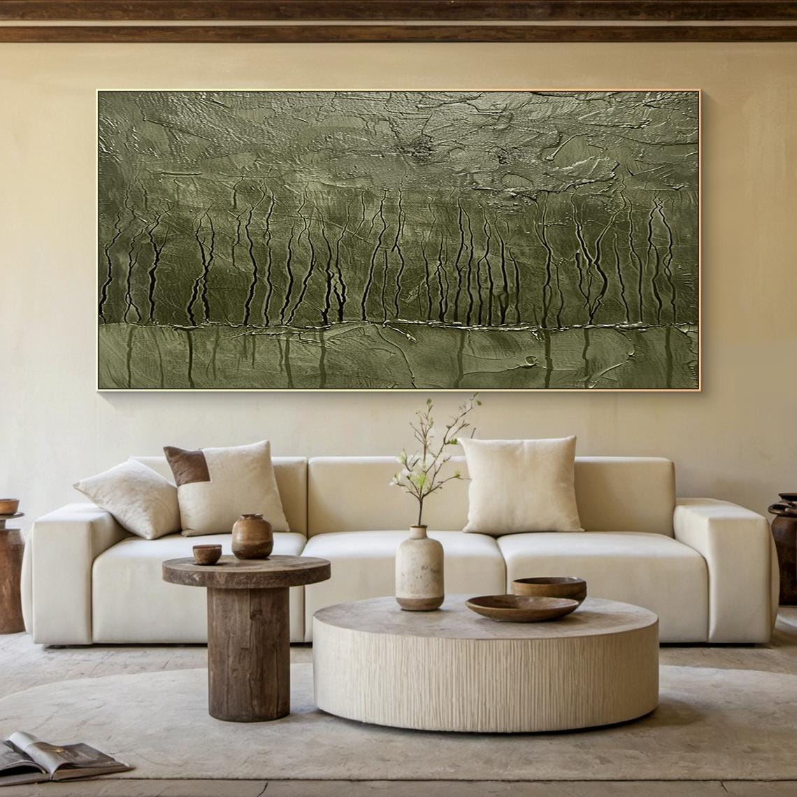 Olive Green Drip Texture Forest Rain Abstract Vertical Wall Art - Image 2