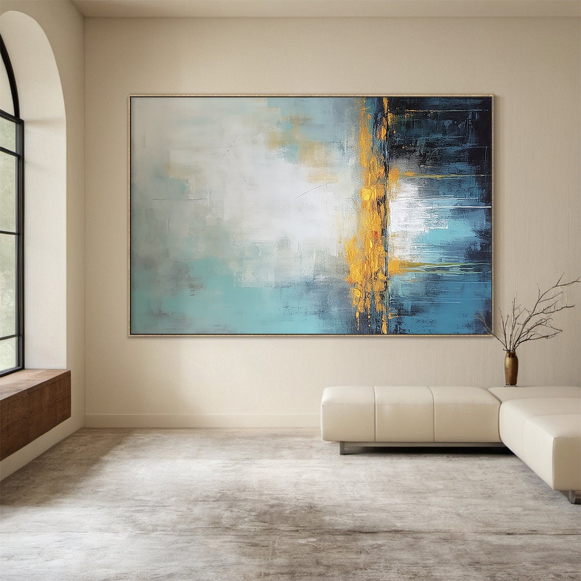 Teal White Gold Abstract Horizon Impasto Modern Coastal Luxe Wall Art - Image 3